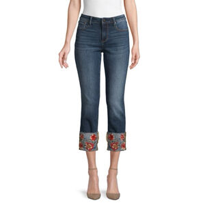 Driftwood Colette Floral Embroidery Straight Cropped Blue Jeans, size 26